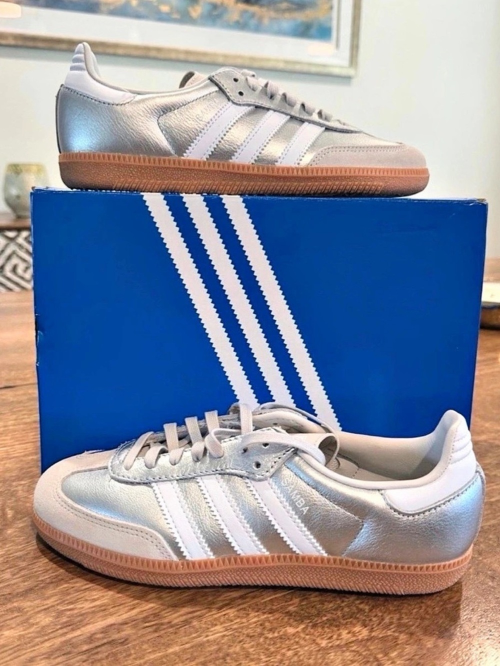 Adidas Samba OG Metallic Silver Sneakers- Size 5.5Y/7W BNIB